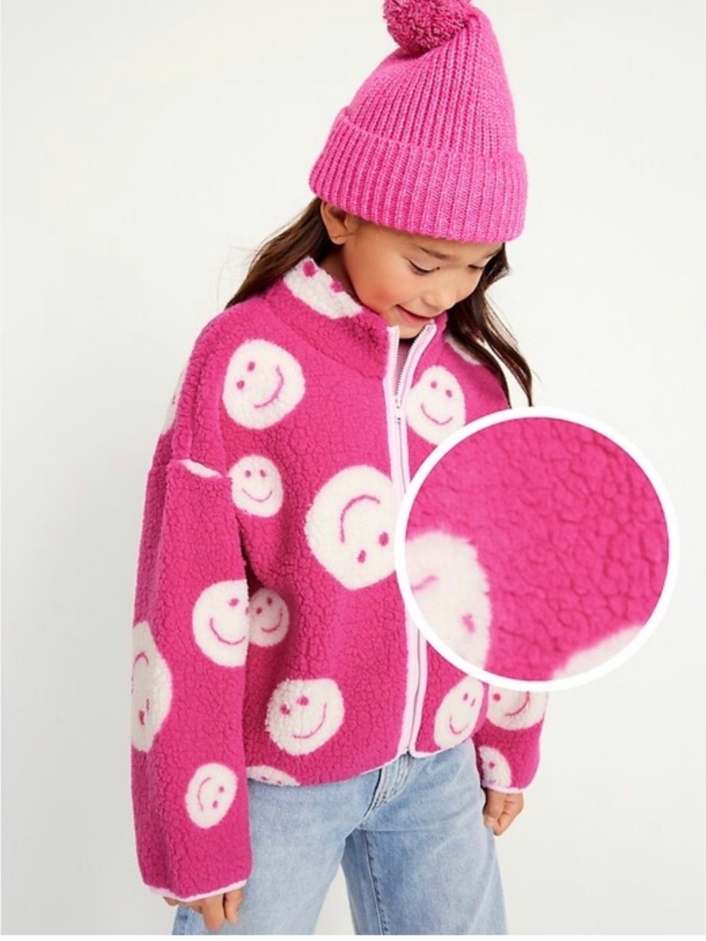 Old Navy Bright Pink Sherpa Zip Jacket with White Accents